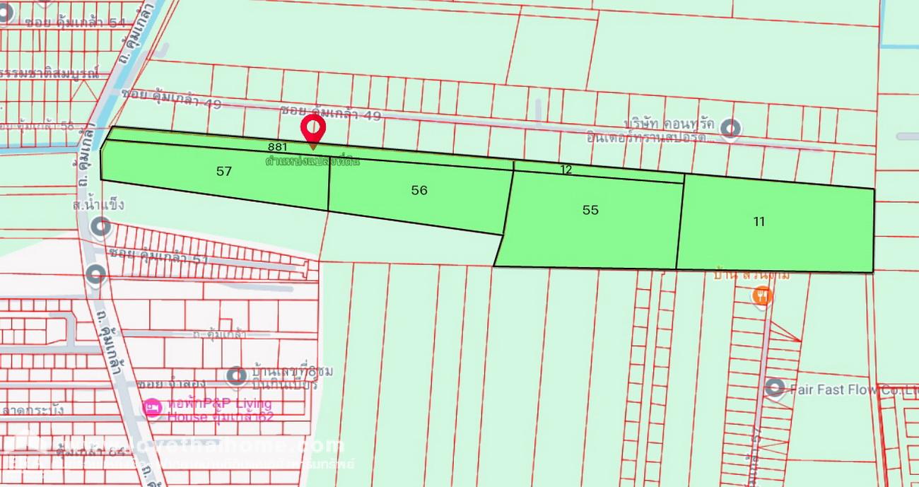 ขายที่ดินติดถนนคุ้มเกล้า ลาดกระบัง ช่วงซอย 49 และ51 ใกล้ท่าอากาศสุวรรณภูมิ พื้นที่ 50-3-79 ไร่ (ขายยกแปลง 6 โฉนด/แบ่งขายได้)